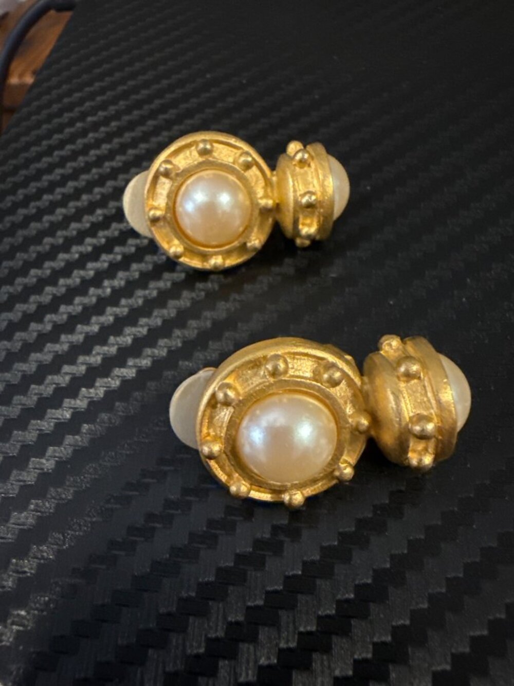 Vintage Carlisle Clip On Earrings Faux Pearl Gold Tone Ornate Designer Signed